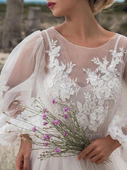 Simple Wedding Dress A Line Tulle Jewel Neck Long Sleeves Lace Bridal Dresses