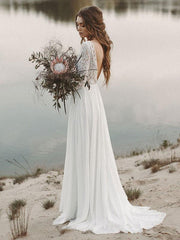 Simple Wedding Dress A Line V Neck Long Sleeve Floor Length Chiffon Lace Beach Wedding Dresses