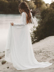 Simple Wedding Dress A Line V Neck Long Sleeve Floor Length Chiffon Lace Beach Wedding Dresses