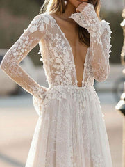 Simple Wedding Dress A Line V Neck Long Sleeves Lace Floor Length Bridal Gowns
