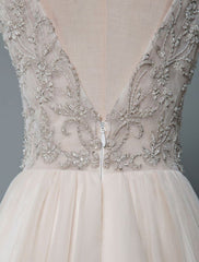 Simple Wedding Dress A Line V Neck Sleeveless Applique Beaded Floor Length Bridal Dresses