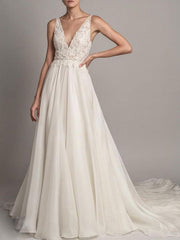 Simple Wedding Dress A Line V Neck Sleeveless Beaded Bridal Dresses With Train