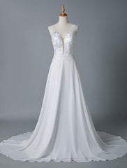 Simple Wedding Dress A Line V Neck Sleeveless Lace Illusion Back Bridal Gowns