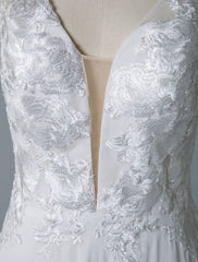 Simple Wedding Dress A Line V Neck Sleeveless Lace Illusion Back Bridal Gowns