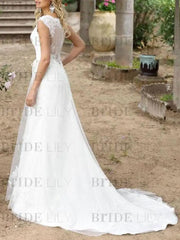 Simple Wedding Dress A Line V Neck Sleeveless Sash Bridal Gowns With Train
