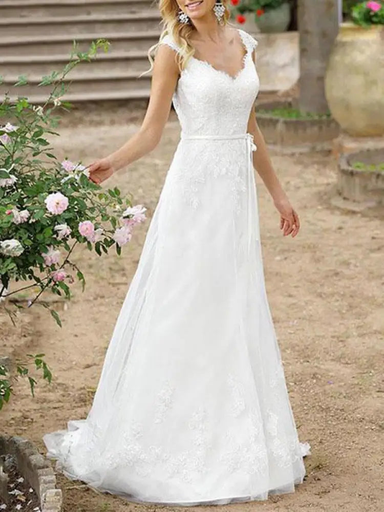 Simple Wedding Dress A Line V Neck Sleeveless Sash Bridal Gowns With Train