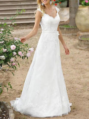 Simple Wedding Dress A Line V Neck Sleeveless Sash Bridal Gowns With Train