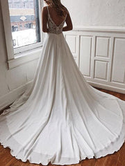 Simple Wedding Dress A Line V Neck Sleeveless Straps Back Lace Boho Bridal Dresses With Train