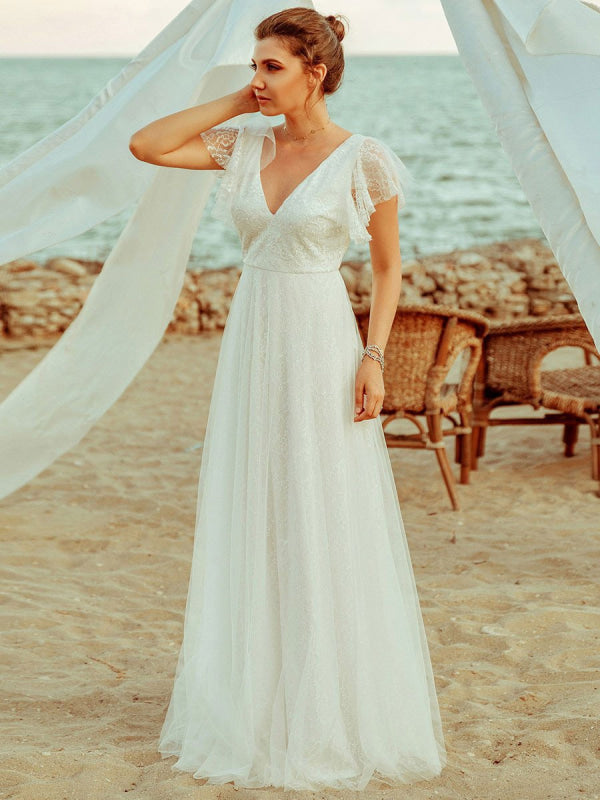 Simple Wedding Dress A Lne V Neck Short Sleeve Floor Length Tulle Beach Wedding Party Dresses Bridal Gowns