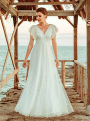Simple Wedding Dress A Lne V Neck Short Sleeve Floor Length Tulle Beach Wedding Party Dresses Bridal Gowns