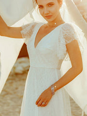 Simple Wedding Dress A Lne V Neck Short Sleeve Floor Length Tulle Beach Wedding Party Dresses Bridal Gowns