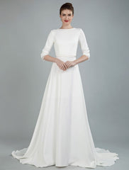 Simple Wedding Dress Beaded Sash Backless Bateau Neck Half Sleeves A Line Bridal Gowns With Court Train