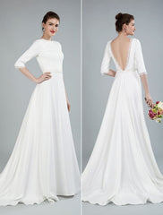 Simple Wedding Dress Beaded Sash Backless Bateau Neck Half Sleeves A Line Bridal Gowns With Court Train