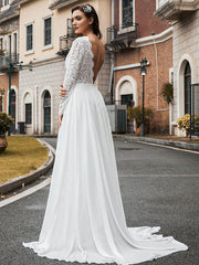Simple Wedding Dress Chiffon V Neck Long Sleeves Lace A Line Bridal Dresses With Train