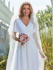 Simple Wedding Dress Chiffon V-Neck Short Sleeves Backless A-Line Long Bridal Gowns