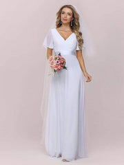 Simple Wedding Dress Chiffon V-Neck Short Sleeves Backless A-Line Long Bridal Gowns