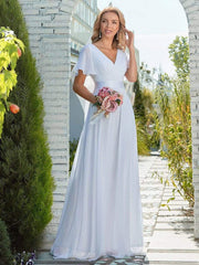 Simple Wedding Dress Chiffon V-Neck Short Sleeves Backless A-Line Long Bridal Gowns