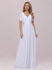 Simple Wedding Dress Chiffon V-Neck Short Sleeves Backless A-Line Long Bridal Gowns