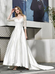 Simple Wedding Dress Jewel Neck Half Sleeves A Line Beaded Bridal Dresses With Train