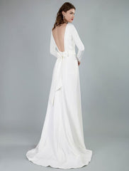 Bateau Neck Long Sleeves Aline Wedding Dress with Front Split
