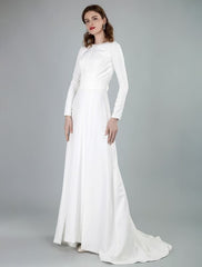 Bateau Neck Long Sleeves Aline Wedding Dress with Front Split