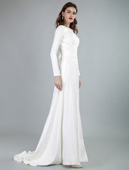 Bateau Neck Long Sleeves Aline Wedding Dress with Front Split