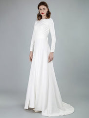 Bateau Neck Long Sleeves Aline Wedding Dress with Front Split