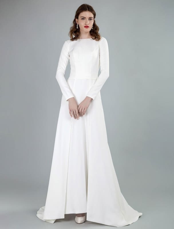 Bateau Neck Long Sleeves Aline Wedding Dress with Front Split