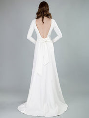 Bateau Neck Long Sleeves Aline Wedding Dress with Front Split