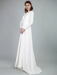 Bateau Neck Long Sleeves Aline Wedding Dress with Front Split