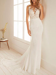 Simple Wedding Dress Mermaid Chiffon Jewel Neck Sleeveless Beach Bridal Gown With Court Train