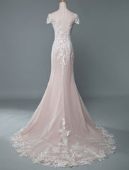 Simple Wedding Dress Mermaid Jewel Neck Short Sleeves Floor Length Customized Lace Bridal Gowns With Train