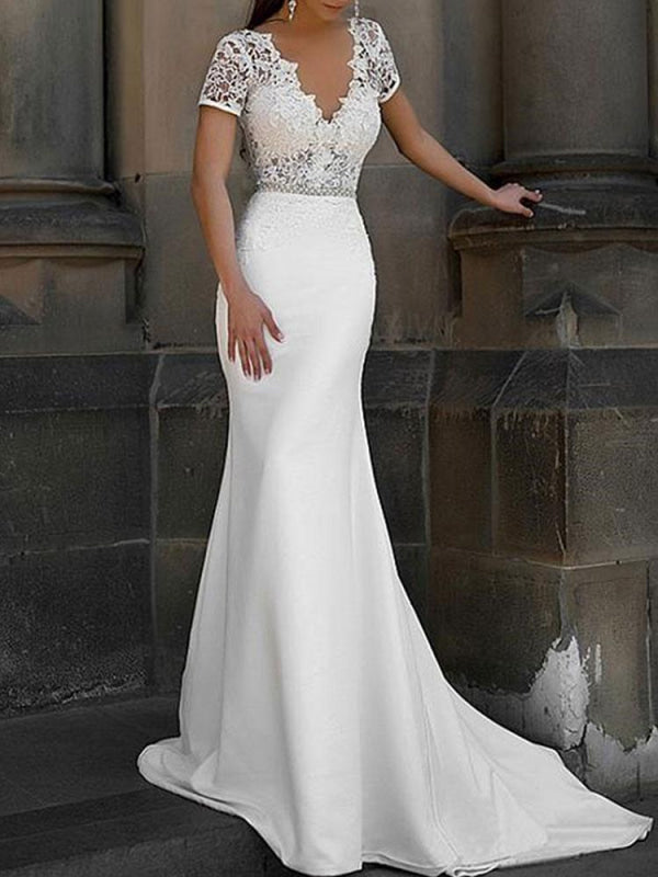 Lace V Neck Wedding Dress Mermaid Short Sleeves Beaded Bridal Dresses With Sash