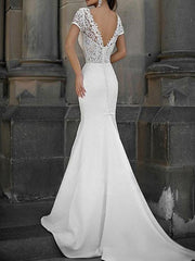 Lace V Neck Wedding Dress Mermaid Short Sleeves Beaded Bridal Dresses With Sash