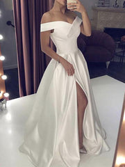 Simple Wedding Dress Satin Off The Shoulder Sleeveless Split Front A Line Bridal Dresses With Train