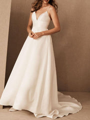 Simple Wedding Dress Satin V Neck Sleeveless A Line Bridal Gowns with Pockets