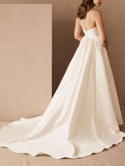 Simple Wedding Dress Satin V Neck Sleeveless A Line Bridal Gowns with Pockets
