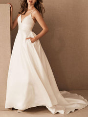 Simple Wedding Dress Satin V Neck Sleeveless A Line Bridal Gowns with Pockets