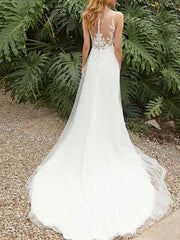 Simple Wedding Dress Sheath Jewel Neck Sleeveless Split Front Bridal Gowns