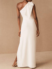 Simple Wedding Dress Sheath One Shoulder Sleeveless Bows Bridal Gowns