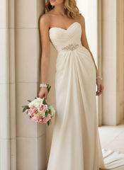 Simple Wedding Dress Sheath Sweetheart Sleeveless Pleated Bridal Dresses With Train