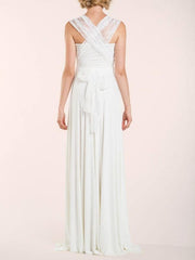 Simple Wedding Dress Sheath V Neck Sleeveless Pleated Floor Length With Train Lace Bridal Dresses