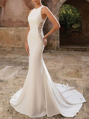 Simple Wedding Dress Spandex Jewel Neck Sleeveless Lace Mermaid Bridal Dresses
