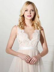 Simple Wedding Dress Tulle Jewel Neck Sleeveless Pearls A Line Bridal Gowns