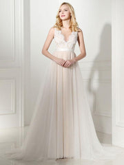 Simple Wedding Dress Tulle Jewel Neck Sleeveless Pearls A Line Bridal Gowns