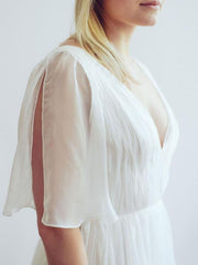 Simple Wedding Dress V Neck Half Sleeves Pleated A Line Floor Length Bridal Dresses