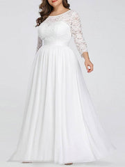 Simple Wedding Dresses Lace Chiffon Floor Length 3/4 Length Sleeves Sash Jewel Neck Plus Size Beach Bridal Gowns