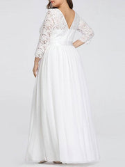 Simple Wedding Dresses Lace Chiffon Floor Length 3/4 Length Sleeves Sash Jewel Neck Plus Size Beach Bridal Gowns