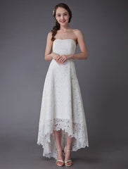 Simple Wedding Dresses Lace High Low Strapless Sash Asymmetrical Short Bridal Dress Exclusive