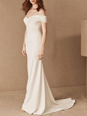 Simple Wedding Dresses Satin Off The Shoulder Pleated Floor Length Chapel Train Bridal Dress